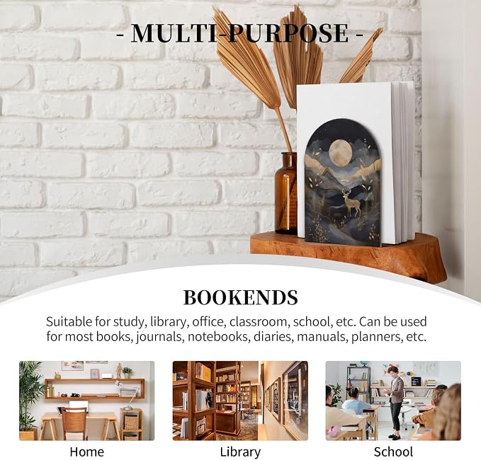 Mountain Deer Scene 2 Pack Wood Decorative Bookends 6.7x4.2 in, Book Ends for Home Office Library Shelves Decor Room Kitchen Desktop