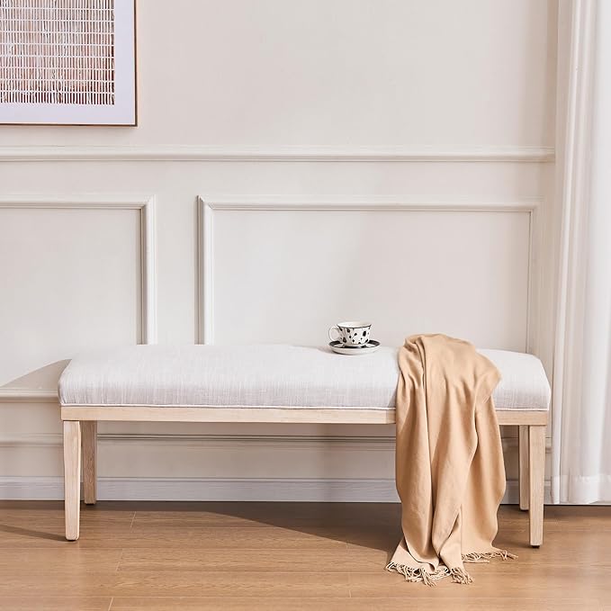 Rowill 53 Inch Long Entryway Bench for Bedroom End of Bed, Dining Room Bench with Upholstered Padded Seat and Solid Wood Leg for Kitchen, Living Room, Indoor and Hallway, Beige