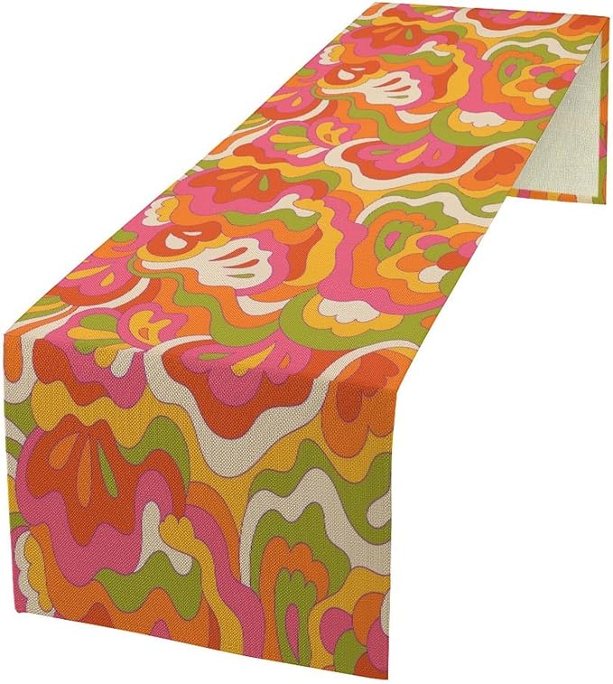 Vintage Groovy Floral Table Runner Nostalgic Retro Hippie 70s Wavy Abstract Colorful Flowers Dinner Runner for Home Kitchen Dining Table Holiday Party Decor 13"x36"