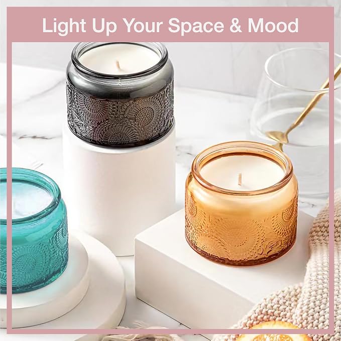 4 oz Decorative Small Glass Jars with Lids, 6 Pack, 6 Colors | Bamboo Lids, Vintage Embossed Colorful Mini Containers, For Kitchen Pantry Organization, Spices, DYI Gifts, Candle Making