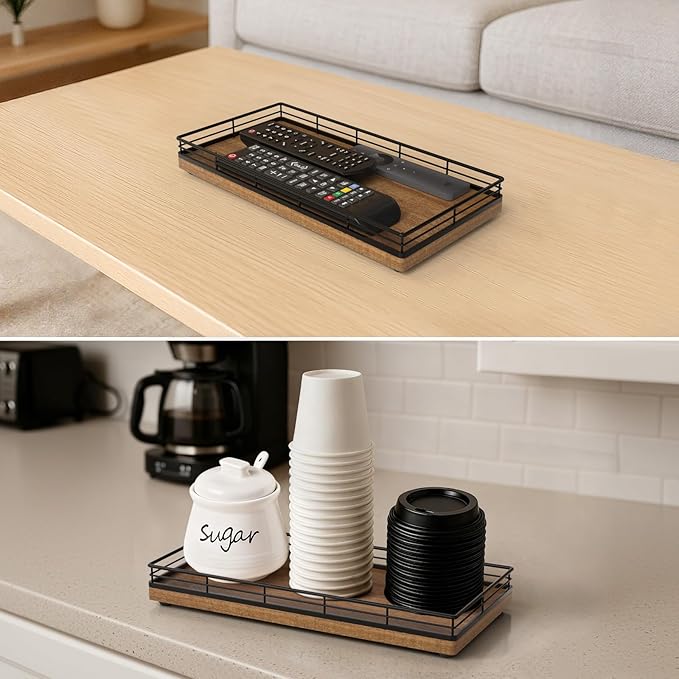 Bathroom Vanity Tray for Countertop, 12" x 6" Acacia Wood Toilet Tank Tray with Metal Guardrail, Bathroom Organizer for Soap, Perfume & Skincare, Non-Slip Decorative Tray for Dresser, Black & Acacia