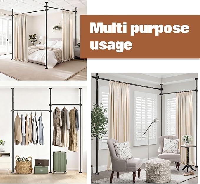 AJAZZ Room Divider No Drilling Curtain Rod Wall Divider for Room Separation, (H) 43-120×(W) 72-200 inch Adjustable, Heavy Duty Partition Space Separator Freestanding Tension Curtain Stand, Black