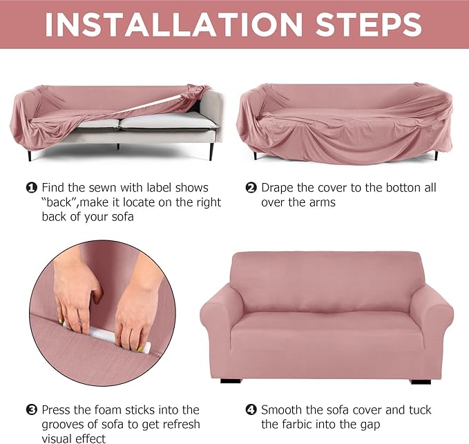 Peryiter 2 Pcs Sofa Covers Couch and Loveseat Covers Set Stretch Sofa Slipcover for Living Room Armchair Furniture Protector, Wrinkle Proof(Light Pink,Milk Silk)