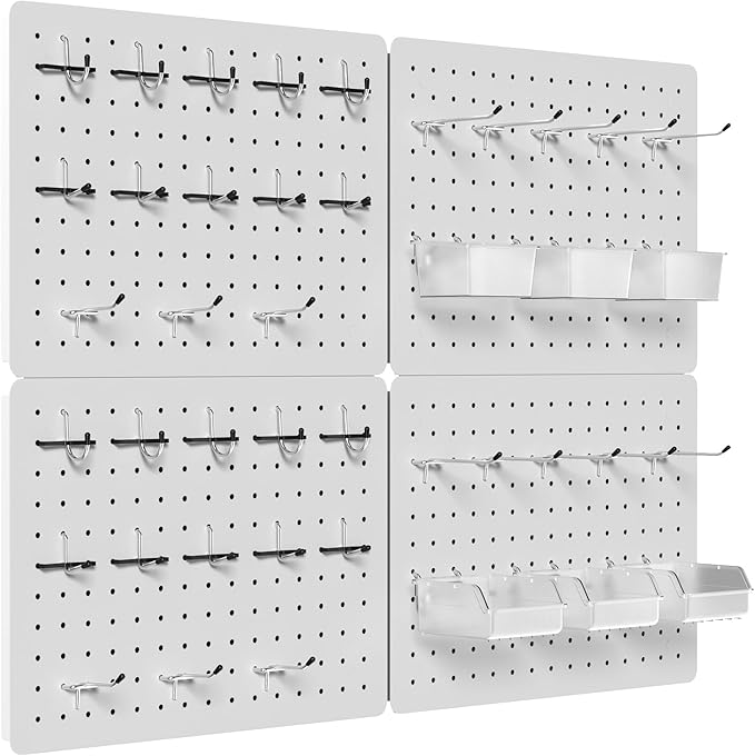 Peg Board for Tools, 4 Pack Metal Pegboard Wall Organizer with Hooks,16"×12" White Pegboard Panels for Walls Home, Garage Tool Storage, Kitchen, Office Organization, Craft Room