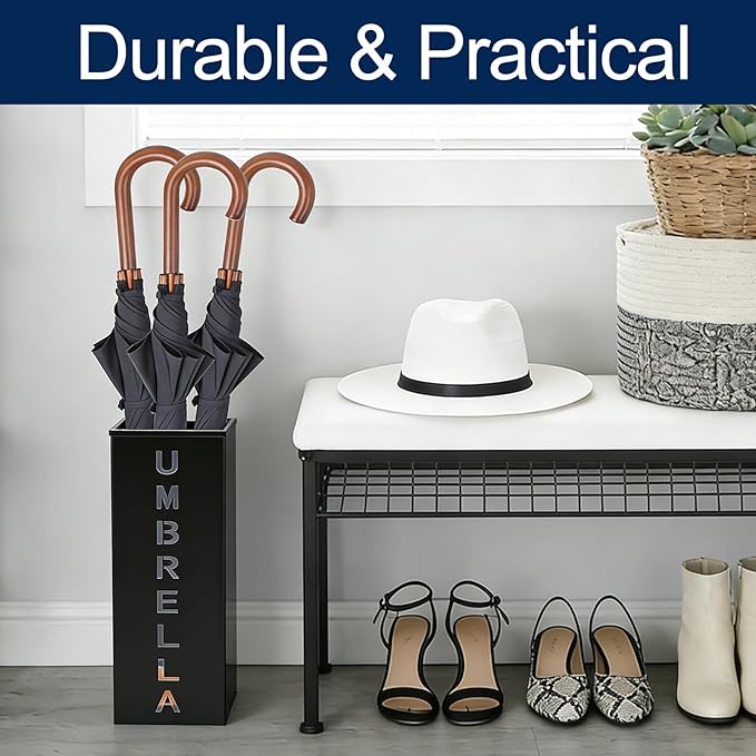 Square Metal Umbrella Canes Holder, Free Standing Umbrella Rack Stand Storage Bucket, Walking Sticks Organizer Bin for Indoor Entryway, Home, Office and Hotel, 16.3" x 6.3" x 6.3", Black