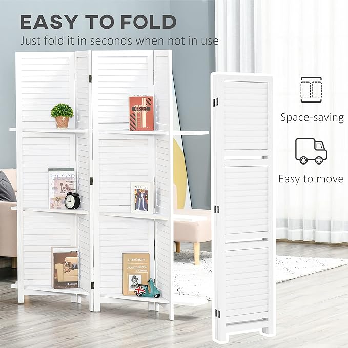 4-Panel Folding Room Divider with Shelves, 67" Tall Freestanding Wood Privacy Screen Panel with 3 Display Shelves and Folding Storage for Bedroom or Home Office, White