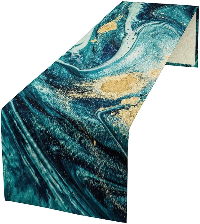 Teal Blue Marble Table Runner,Marble Teal Gold Liquid Luxury Texture Pattern Table Runner for Coffee Table Dining Room Table Bedroom Party Holiday Decor 13x108inch