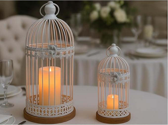 VELA LANTERNS Birdcage Candle Lanterns – Set of 2 Decorative Metal Lanterns on Wooden Base – Vintage Farmhouse Tabletop & Hanging Lantern for Weddings, Parties & Home Decor, White