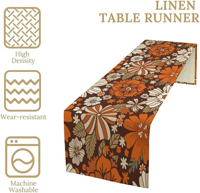 Retro Floral Table Runner 60s 70s Hippie Autumn Flowers Leaves Boho Daisies Flower Dinner Runner for Home Kitchen Dining Table Party Decor 13"x90"