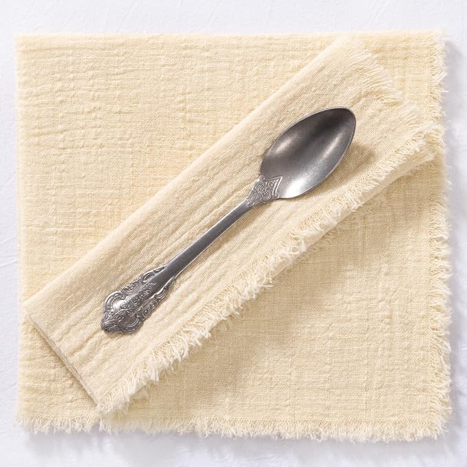 MLMC 10 Pack Beige Cream Cloth Napkins with Fringe Boho Linen Napkins Washable Reusable Rustic Dinner Table Decor 17"×17" for Wedding Party Bridal Baby Shower Home Decor