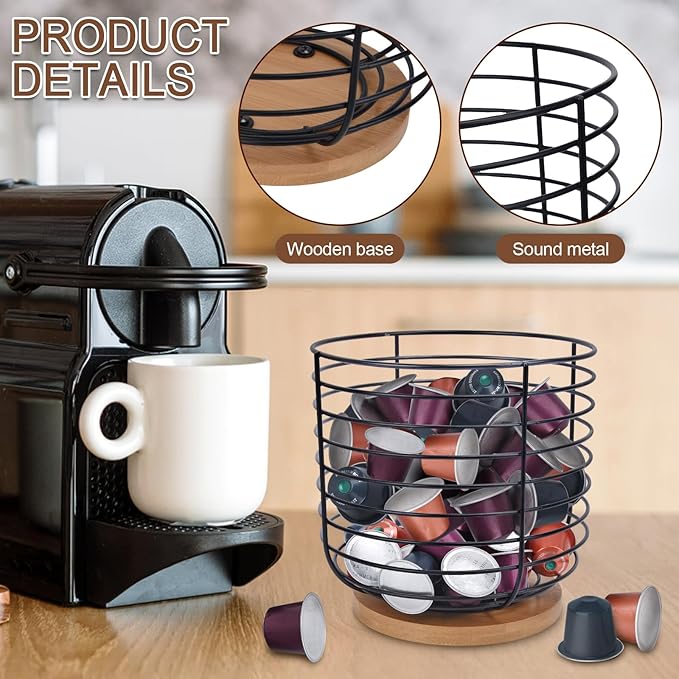 2pcs K Cup Holder Organizer - Coffee Pods Storage Organizer - Coffee Bar Accessories - Large Capacity Black Wire Kup Storage with Bamboo Base