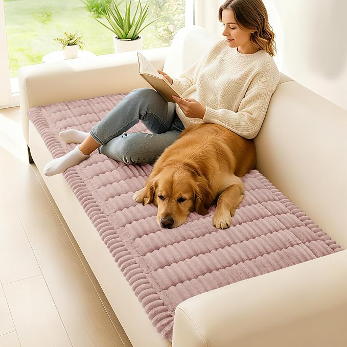 hyha Couch Cover for Dogs Washable, Non Slip Thick Flannel Sofa Protector, Pet Friendly Plush Furniture Cover for Sectional Sofa & Loveseat (Dusty Pink, 43" x 63")