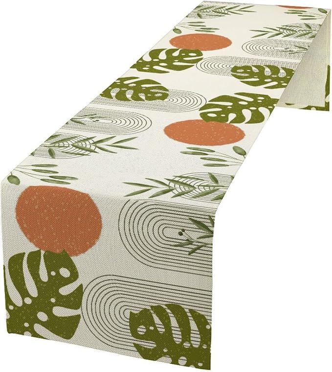 YCness Mid Century Green Boho Table Runner Summer Abstract Modern Palm Tree Table Runner for Party Kitchen Living Room Bedroom Plant Botanical Minimalist Leaf, 13x90 Inch