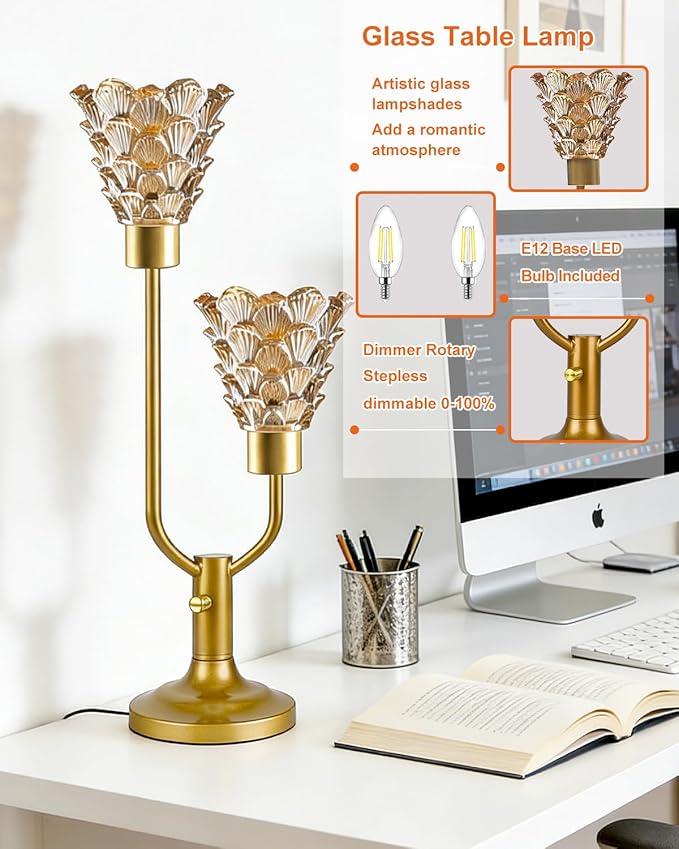 Lightdot Glass Table Lamp Dimmable Mid Century Modern Gold Flower Desk Lamp with Thickened Amber Glass Shades 2 Bulbs Included 3000K Warmwhite Nightstand Lamp for Bedroom Bedside Living Room