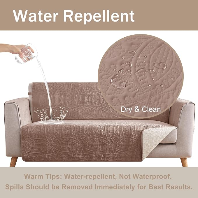 Loveseat Covers for 2 Cushion Couch, Water-Repellent Slip Covers for Sofa, Machine Washable Love Seat Quilted Couch Covers, Pet Friendly Loveseat Slipcovers (Loveseat 48", Dusty Pink)