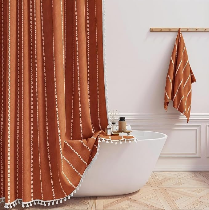 BTTN Stall Shower Curtain - 60x84 Long Boho Farmhouse Linen Fabric Tassel Shower Curtain Set with 10 Plastic Hooks, Narrow Bohemian Country Chic Decorative Shower Curtains for Bathroom - Orange