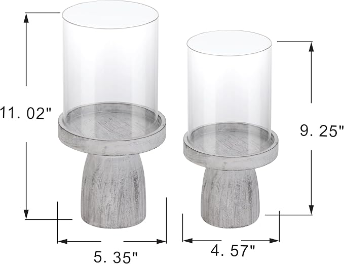 4" & 5" Glass Hurricane Candle Holders with Distressed White Solid Wooden Base in Set of 2, Decorative Centerpiece for Home, Coffee Table, Fireplace Mantel, Wedding, Modern Farmhouse Style
