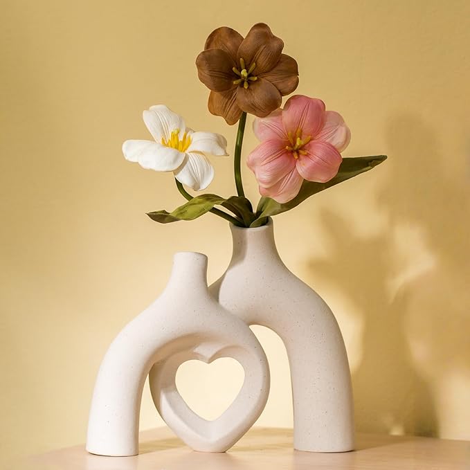 Liotww Snuggle Hollow Hug Donut Ceramic Vase, 8.3 Inch Modern Nordic Boho Style Aesthetic Decorative Flower Vases for Home Decor Pottery Barn Dining Living Room Table Shelf (Milky White)