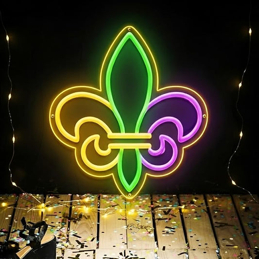 Mardi Gras Neon Sign with Fleur De Lis Design, New Orleans Carnival USB Power LED Hanging Light for Wall Window Bar Party Decor