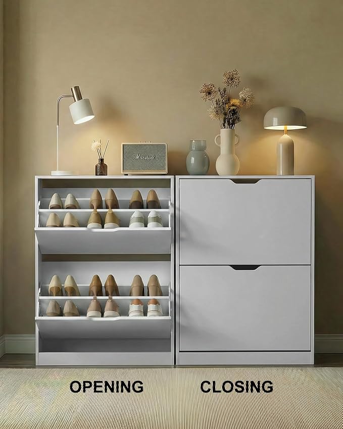 Shoe Cabinet Organizer with 2 Flip Drawers, Freestanding Narrow Rack with Adjustable & Removable Shelves, Slim Shoe Storage for Entryway, Foyer, Hallway, White
