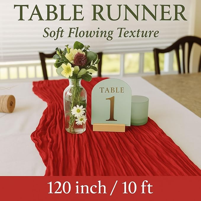 3 Pack 10FT Red Cheesecloth Table Runner 120 Inch Rustic Boho Gauze Cheese Cloth Table Runner for Wedding Baby Shower Bridal Shower Birthday Party Home Decorations