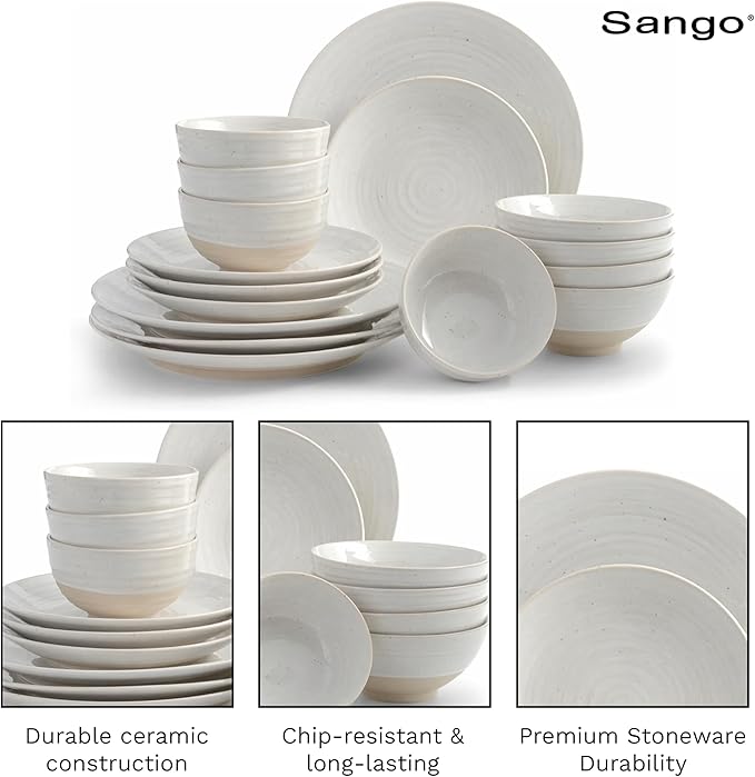 Sango Siterra 16-Piece Rustic White Stoneware Dinnerware Set – Service for 4, White with Glossy Speckle Overlay, for Everyday Dining & Entertainment, Microwave & Dishwasher Safe