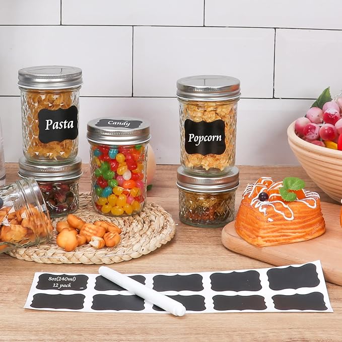 8 oz Mason Jars with Airtight Lids and Bands,24 Pack Regular Mouth Canning Jars,240 ml Glass Mason Jar Diamond Jelly Jars for Preserving,Fruits Salad,Jam Storage,Party Favors