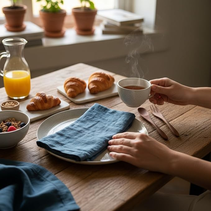 Hemstitched Linen Napkins – 20 Inch x 20 Inch – Stonewashed Pure Linen Cloth Dinner Napkins with Mitered Corners - 100% French Flax – Machine Washable - Set of 4 (Soft Teal Blue)