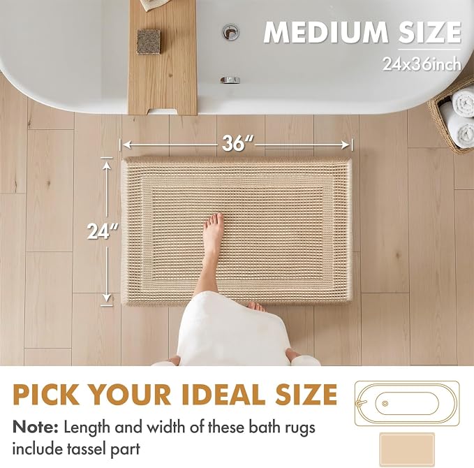 MIULEE Set of 2 Waffle Bathroom Rugs, Boho Bath Rug Super Absorbent, Non Slip Washable Ultra Soft Rubber Backed Shower Bath Mats for Floor, Tub, Shower, Looped Design, Brown & White, 24x36 Inch