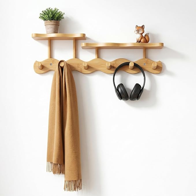 Wave-Shaped Bamboo Coat Rack Wall Mount with Shelves - Modern Decorative Wall Hooks for Entryway, Bathroom & Bedroom,Eco-Friendly Organic Wood Wall Mounted Rack for Hanging Coats, Bags, Keys 6 Hooks