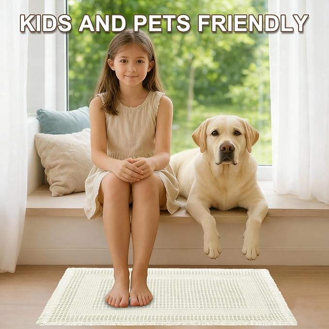 Hiasan Set of 2 Waffle Bath Mat, Super Absorbent Non Slip Bathroom Boho Rug with Tassels, Machine Washable Bath Mats for Bathroom, Ultra Soft Rubber Backed Rug, Loop-White, 16" x 24" + 20" x 32"