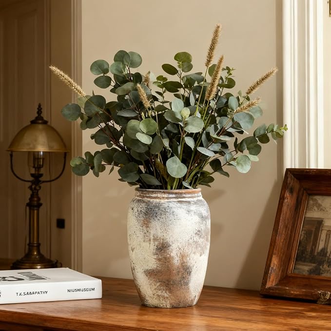 Handmade Rustic Farmhouse Ceramic Vase for Home Decor,Vintage Pottery Vase for Dried Flowers,Distressed White Table Centerpiece Terracotta Vase,8.3 Inches Tall