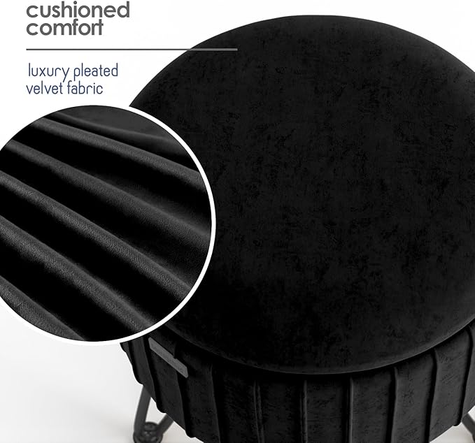 Round Ottoman with Storage, Pleated Velvet Storage Ottoman, Foot Stool Ottomans, Makeup Vanity Stool, Small Ottomans Foot Rest, Modern Vanity Stools for Living Room and Bedroom, Black