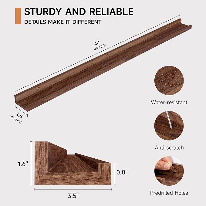 Fun Memories Picture Ledge Shelf, 40 Inch Floating Shelves Set of 2, Large Nursery Book Shelves for Toys Storage, Kids Bookshelf Wall Mounted for Wall Decor Books Photo Frames, Walnut