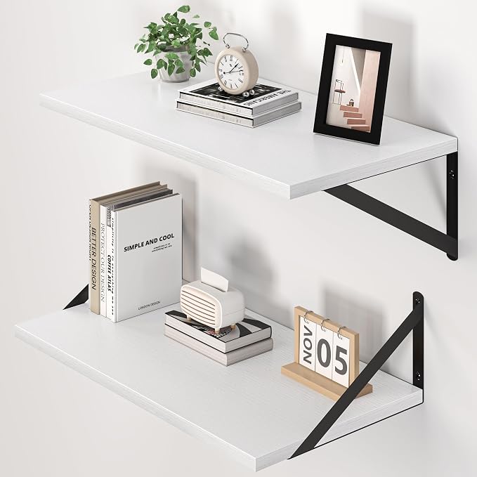 Heimlove White Deep Floating Shelves for Wall, 20W x 12D Wood Wall Shelves Set of 2, Wide Floating Bookshelf for Living Room, Kitchen, Office, Bedroom and Decor Storage, with Black Bracket - White