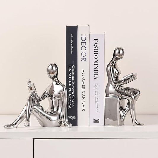 Ceramic Decorative Bookends, Book Ends for Shelves, Home Office Decor Aesthetic Statues Book Holders Stoppers for Bookshelf, Table, Bedroom Living Room Decoration (Silver)