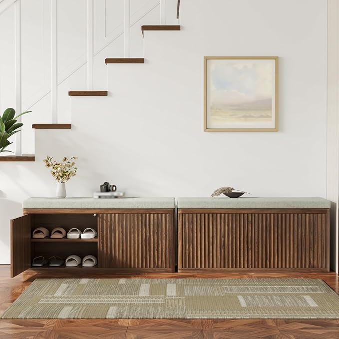 Entryway Shoe Storage Bench with 2" Cushion, 37.4" Small Bench with Shoe Rack, Cabinet Organizer for Hallway, Bedroom End of Bed (Walnut)