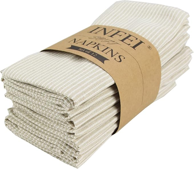 Narrow Striped Cotton Linen Blended Dinner Cloth Napkins - Set of 12 (40 x 30 cm) - for Events & Home Use (Beige)