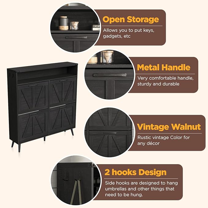 Vabches Shoe Cabinet with 4 Flip Drawers,Narrow Shoe Storage Cabinet for Entryway,Farmhouse Freestanding Shoe Organizer Rack for Hallway,Black