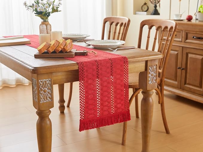 YATOJUZI Red Table Runner Pure Red Boho Table Runners with Tassels Seasonal Long Table Runner Rustic Farmhouse Table Runners for Christmas Centerpieces Dining Bedroom Kitchen Decor 12x95 Inches
