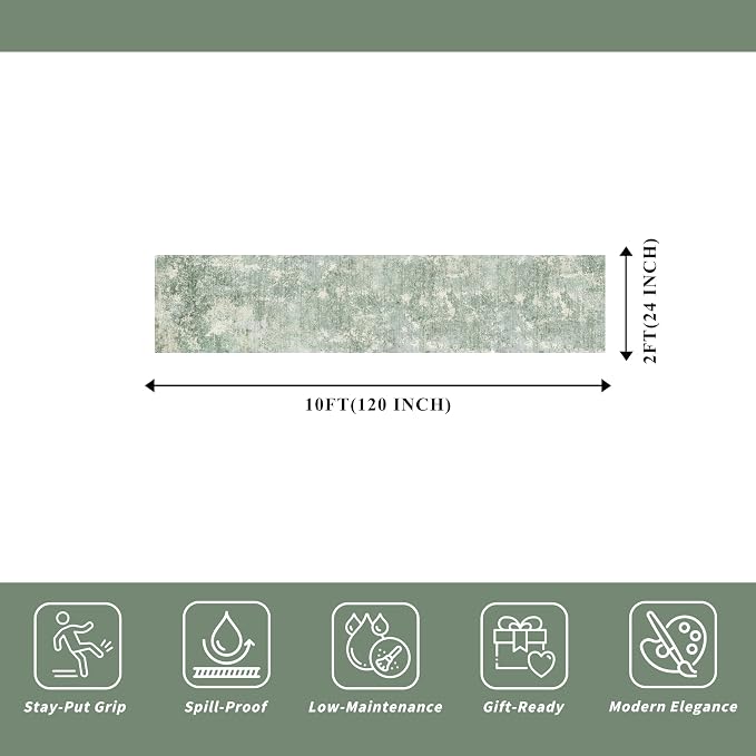 2x10 ft Washable Hallway Runner Rug – Non-Slip Long Carpet Runners for Kitchen Entryway Bedroom Living Room Bathroom,Stain-Resistant Low-Pile Modern Abstract Neutral (Sage Green,2x10)