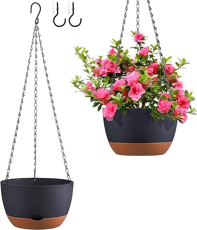 Set of 2 Hanging Planters for Indoor Outdoor Plants, 10 Inch Self-Watering Hanging Flower Pots with Drainage Hole & Removable Water-Storage Tray (Hooks)