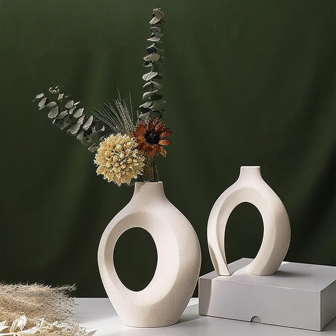 Matte Ceramic Vase Set of 2 Boho Modern Nordic White Flower Vases Minimalist ins for Home Decor Living Dining Room Bedroom Table Centerpieces Office Gifts