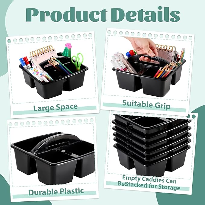 6 Pack Classroom Caddy with Handle Plastic Storage Caddy Organizer with 3 Compartments Desk Caddies Holder Portable Storage Bin for Pencil, Crayon, Marker, Home, Office, School Supplies(Black)