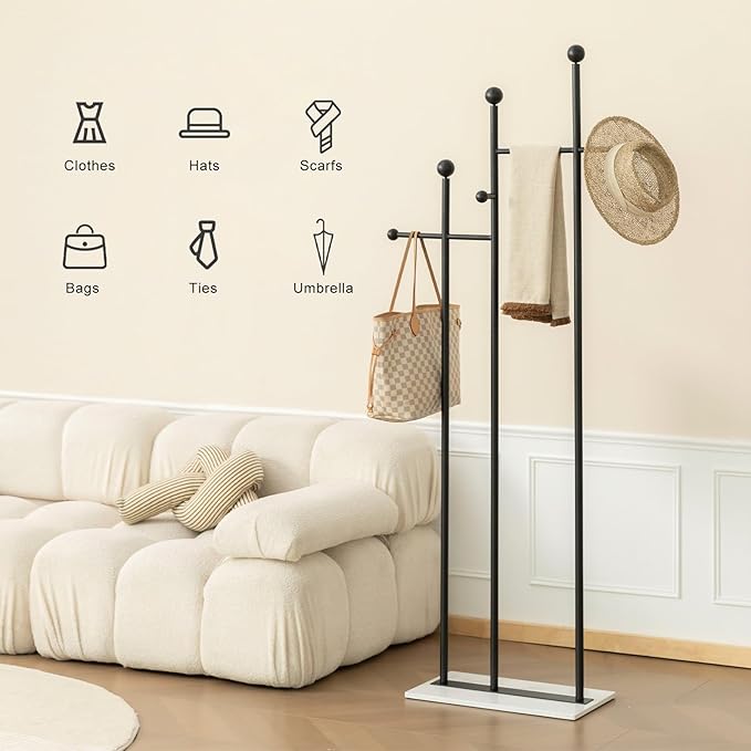 JIAYUEJU Standing Coat Rack with Marble Base Heavy Duty Clothes Hanger Rack Metal Coat Tree for Clothes Hats Scarfs Purses 19.69 x 11.02 x 68.9 Inches (Black)