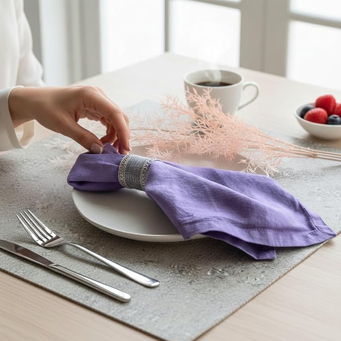 Hemstitched Linen Napkins – 20 Inch x 20 Inch – Stonewashed Pure Linen Cloth Dinner Napkins with Mitered Corners - 100% French Flax – Machine Washable - Set of 4 (Dusty Pastel Purple)