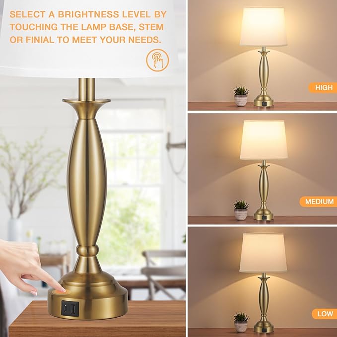 Seealle White Gold Lamps for Bedrooms Set of 2 - Touch Control Bedside Lamp with USB C+A, 3 Way Dimmable Nightstand Lamps with USB Port, Table Lamp for Living Room(White Shade and Gold Base)