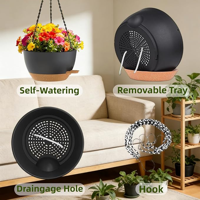 3 Pack Hanging Planters for Indoor Outdoor Plants, 10 Inch Self Watering Hanging Pots for Plants, Plastic Hanging Flower Baskets for Plants Hanger with Drainage and Tray, Chain (Black Brown)