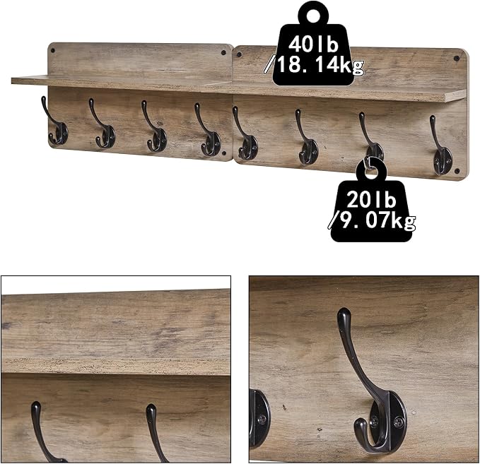 YMYNY Coat Rack Shelf Wall Mounted, Wooden Coat Hooks Set of 2, Entryway Coat Hanger with 8 Hooks,31.5''L Floating Shelves, Key Holder, for Bedroom, Bathroom, Living Room, Silver Gray UHWS006Y-2