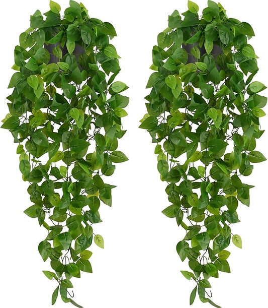 Waipfaru Fake Hanging Plants, 2pcs Artificial Potted Plant, Faux Ivy Pothos Vines Greenery for Wall Home Bedroom Living Room Aesthetic Kitchen Office Aesthetic Kitchen Indoor Outdoor Decor